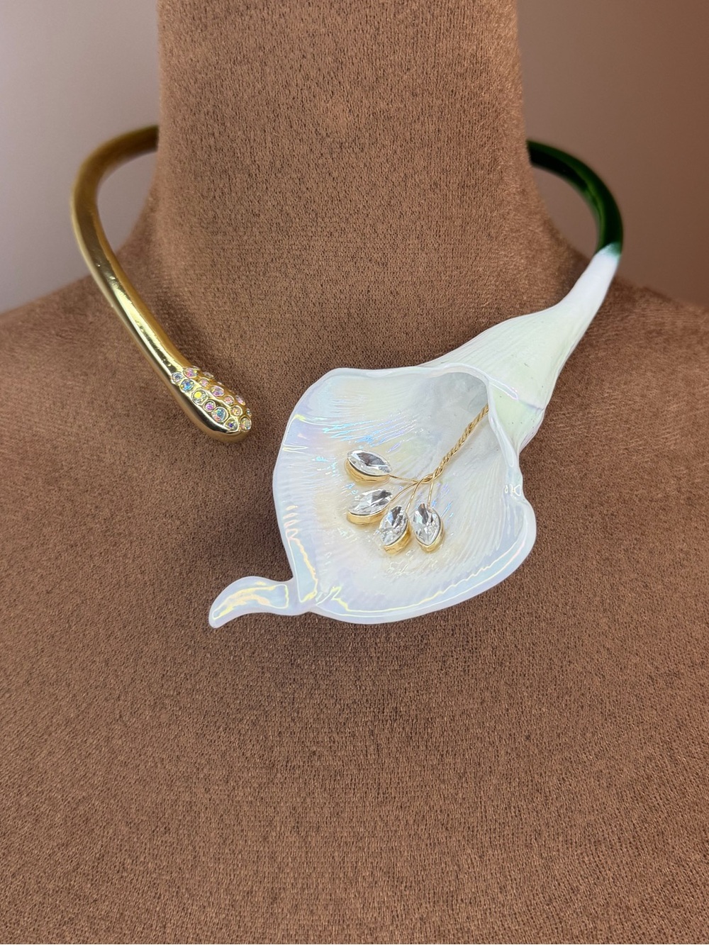 Betsey Johnson White Iridescent Calla Lily Choker with Gold Stem